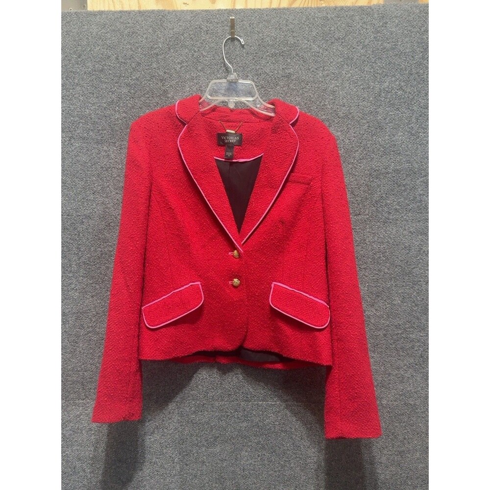 Victoria’s Secret Red Boucle Blazer 12 Pink Trim Wool Blend Gold Button Jacket